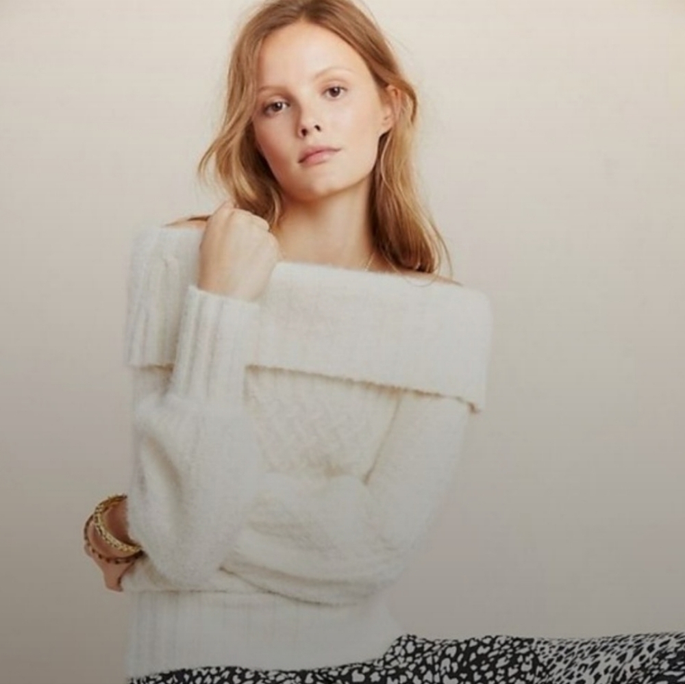 Anthropologie Margo Off The Shoulder Puff Sleeve White Sweater Women's Size XS